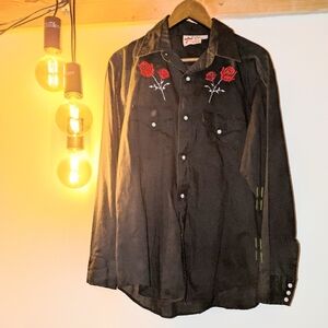 Vintage 50s/60s Cowboy Joe Black Western Shirt with Red Rose Embroidery